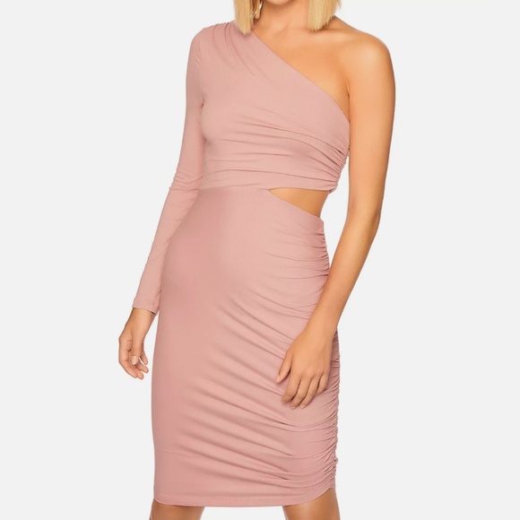 Susana Monaco Dresses & Skirts - Susana Monaco Womens Blush Pink One Shoulder Cut Out Midi Ruched Dress Small